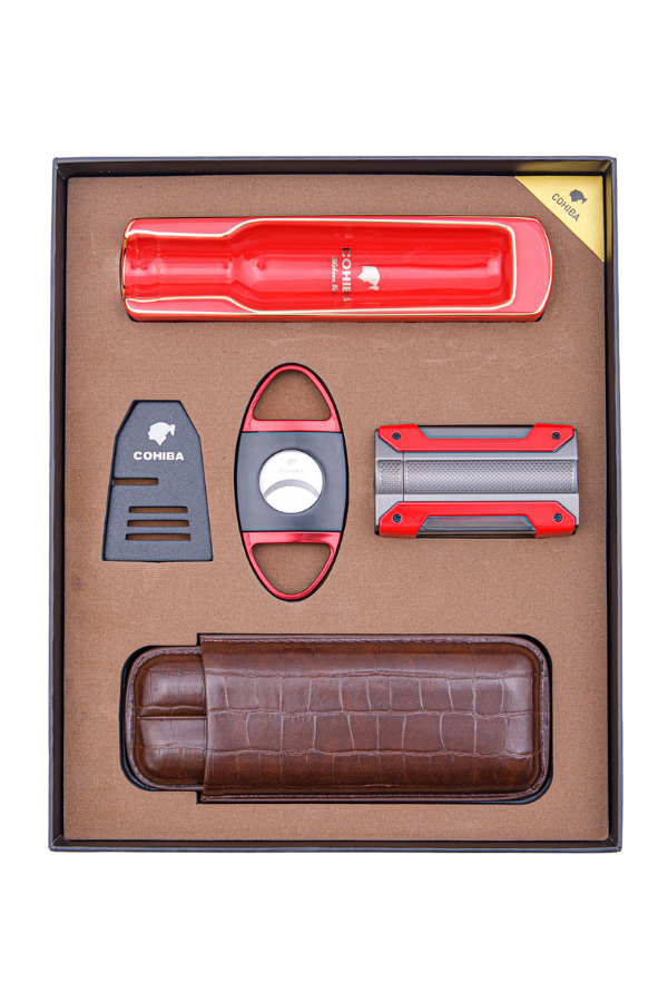 TR8389,Cohiba Çakmak Kesici Kılıf Küllük Sehpa Beşli Kırmızı Puro Seti