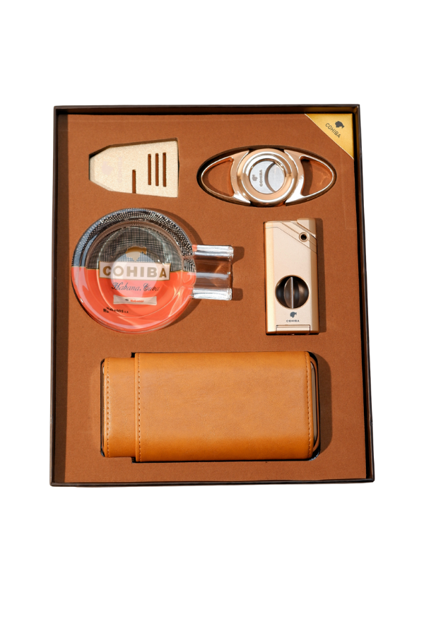 TR9190,Cohiba Çakmak Kesici Küllük Kılıf Sehpa Beşli Rose Gold Puro Seti