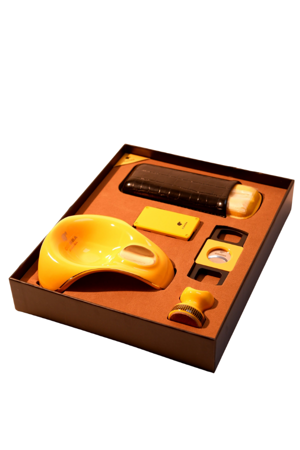 TR9189,Cohiba Çakmak Kesici Küllük Kılıf Sehpa Beşli Sarı Puro Seti