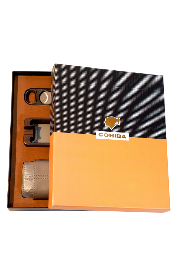 TR9184,Cohiba Çakmak Kesici Küllük Kılıf Sehpa Beşli Gümüş - Siyah Puro Seti