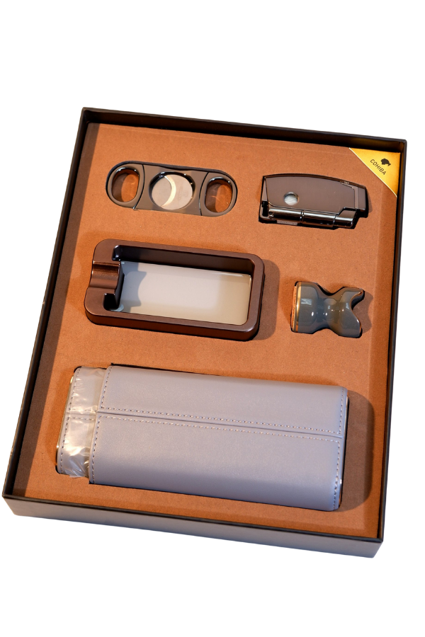 TR9184,Cohiba Çakmak Kesici Küllük Kılıf Sehpa Beşli Gümüş - Siyah Puro Seti