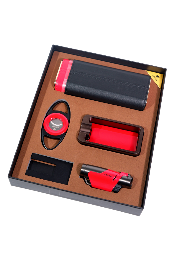 TR9095,Cohiba Çakmak Kesici Küllük Kılıf Sehpa Beşli Kırmızı - Siyah Puro Seti