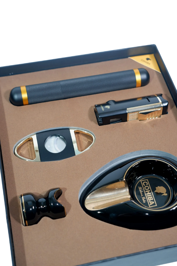 TR9102,Cohiba Çakmak Kesici Küllük Sehpa Tüp Beşli Siyah - Gold Puro Seti