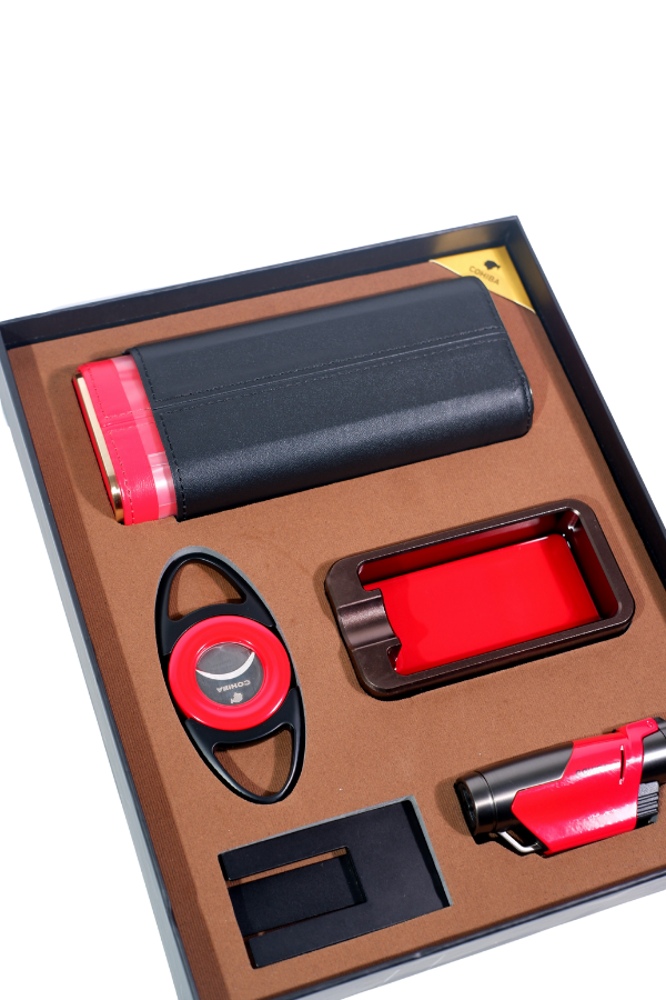 TR9095,Cohiba Çakmak Kesici Küllük Kılıf Sehpa Beşli Kırmızı - Siyah Puro Seti