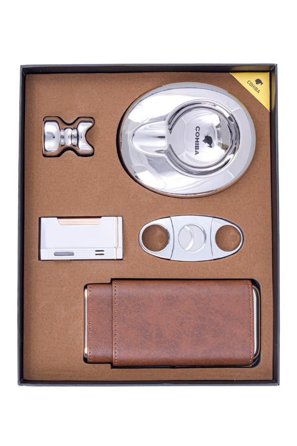 TR8394,Cohiba Çakmak Kesici Kılıf Küllük Sehpa Beşli Gümüş Puro Seti