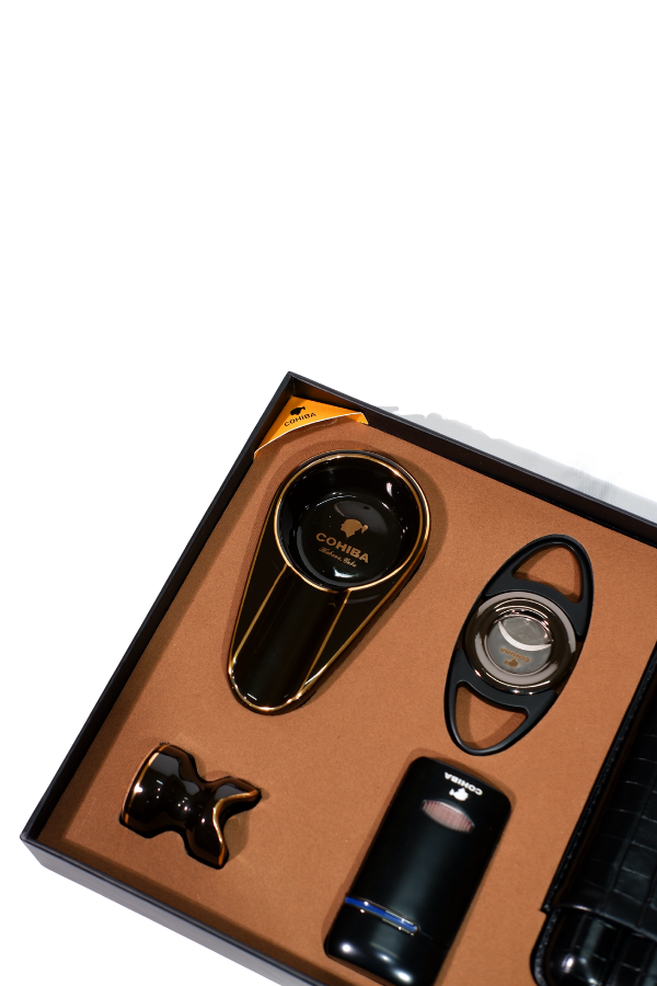 TR8806,Cohiba Çakmak Kesici Küllük Kılıf Sehpa Siyah Beşli Puro Seti