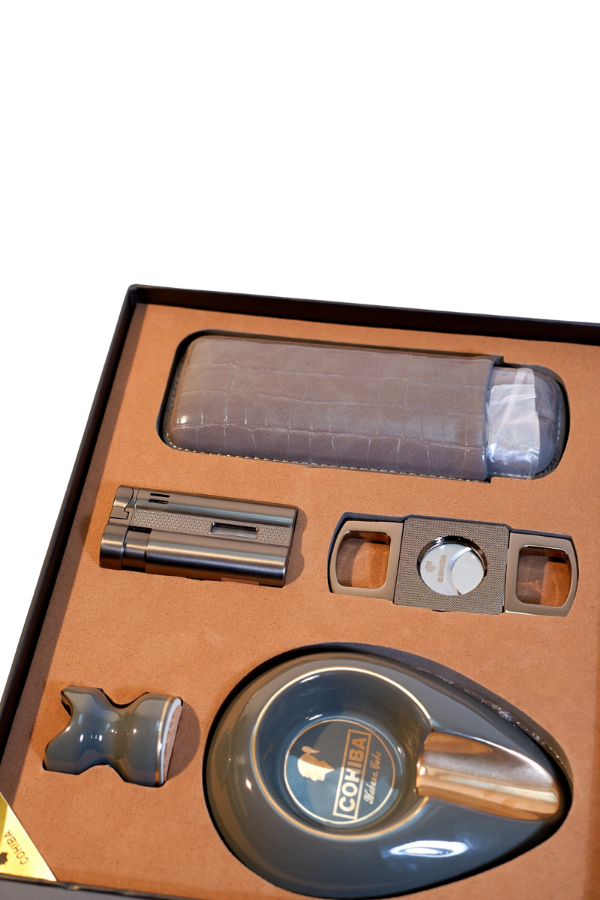 TR9193,Cohiba Çakmak Kesici Küllük Kılıf Sehpa Beşli Gunmetal Puro Seti