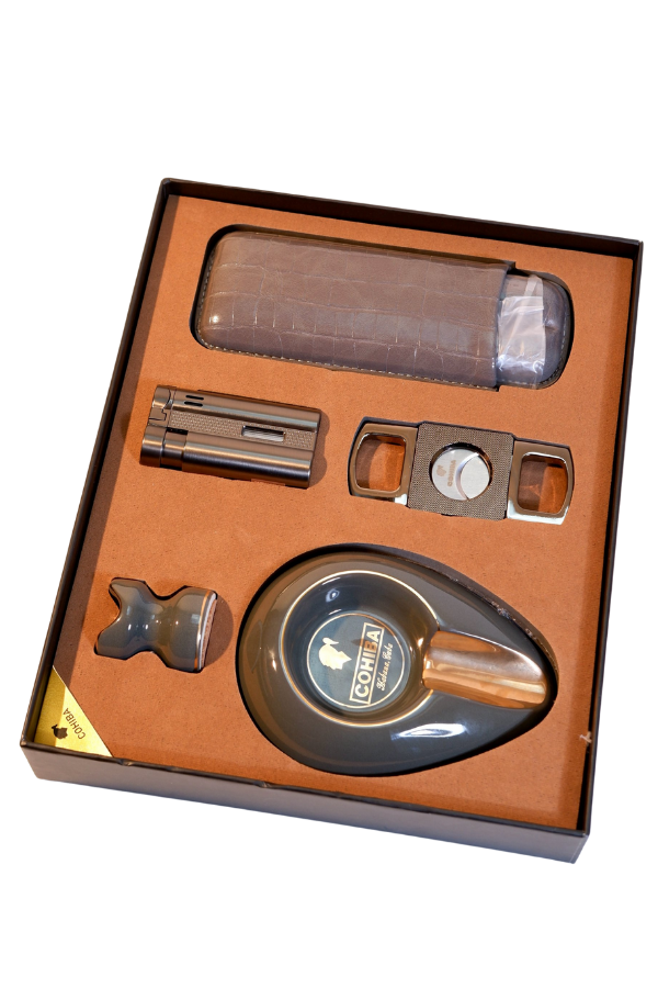 TR9193,Cohiba Çakmak Kesici Küllük Kılıf Sehpa Beşli Gunmetal Puro Seti