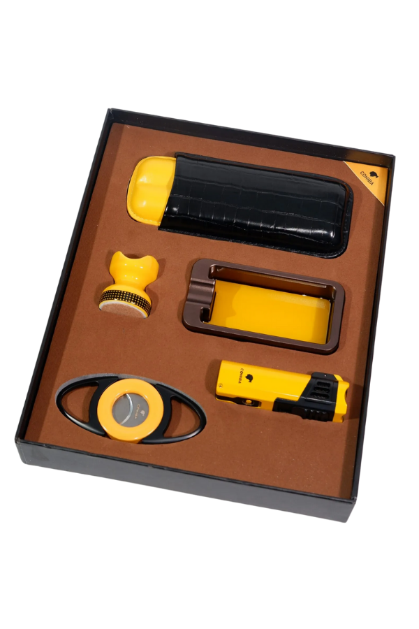 TR9173,Cohiba Çakmak Kesici Küllük Kılıf Sehpa Beşli Sarı Puro Seti