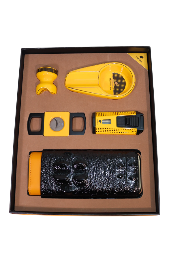 TR10030,Cohiba Çift Torch Pürmüz Çakmak Kılıf Küllük Kesici Sehpa Sarı Beşli Puro Seti