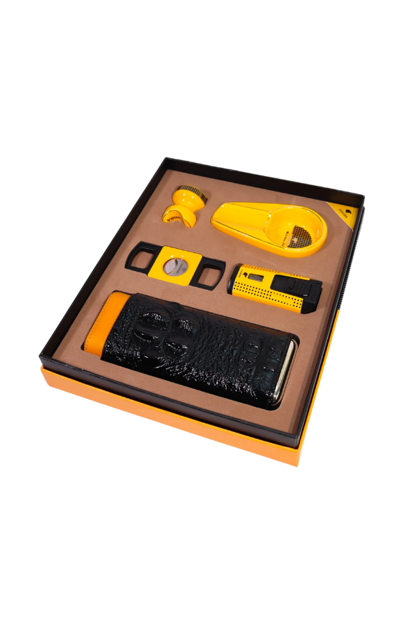TR10030,Cohiba Çift Torch Pürmüz Çakmak Kılıf Küllük Kesici Sehpa Sarı Beşli Puro Seti