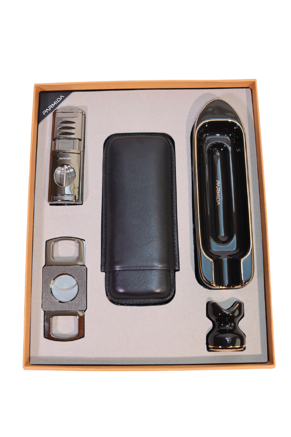 TR10027,Parmida 3 Torch Pürmüz Çakmak Kılıf Küllük Kesici Sehpa Gunmetal Siyah Beşli Puro Seti