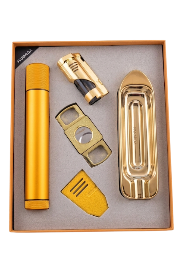 TR9875,Parmida 3 Torch Çakmak Tüp Sehpa Küllük Kesici Gold Beşli Puro Seti