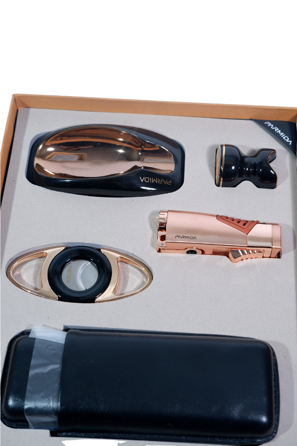 TR9098,Parmida Çakmak Kesici Küllük Kılıf Sehpa Beşli Siyah - Gold Puro Seti