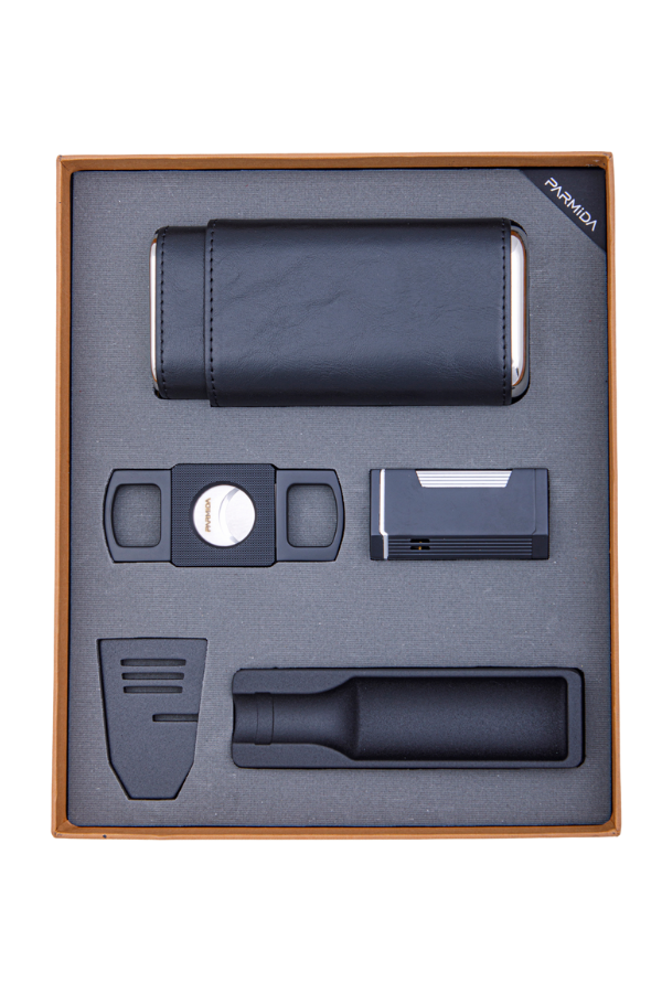 TR8417,Parmida Çakmak Kesici Kılıf Küllük Sehpa Beşli Siyah Puro Seti