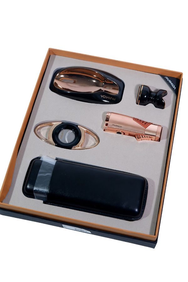 TR9098,Parmida Çakmak Kesici Küllük Kılıf Sehpa Beşli Siyah - Gold Puro Seti