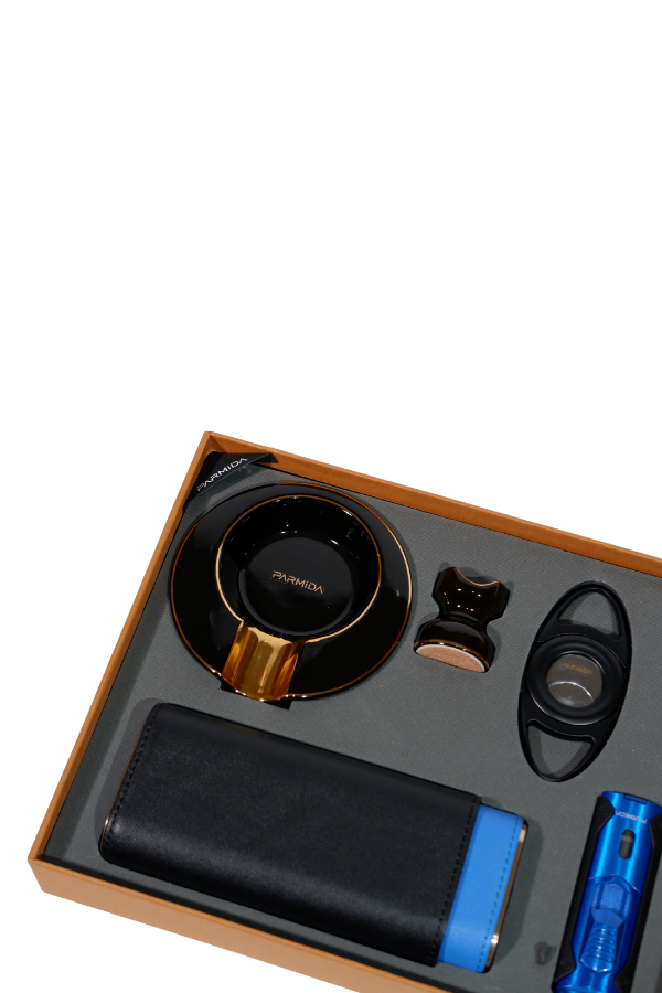 TR8811,Parmida Çakmak Kesici Küllük Kılıf Sehpa Siyah-Mavi Beşli Puro Seti