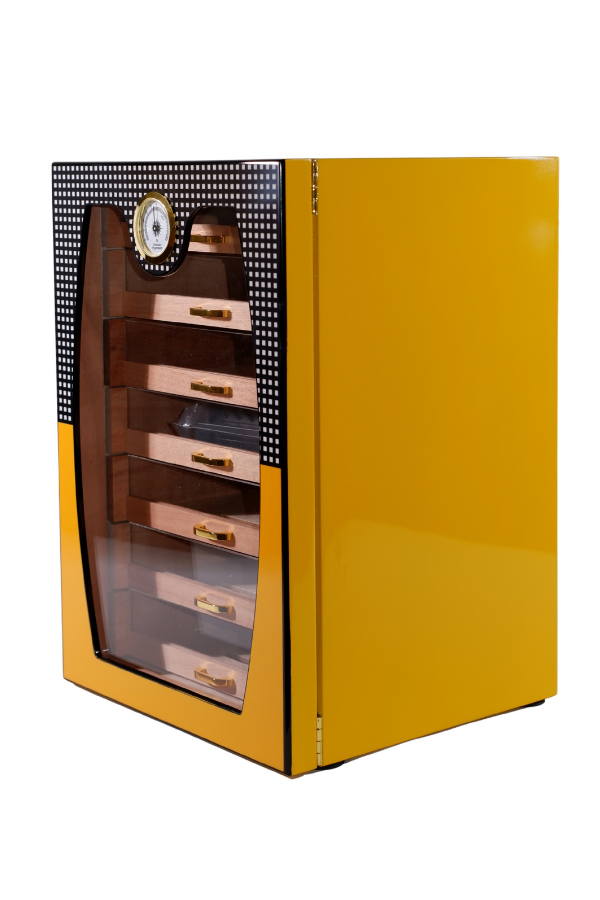 TR8793,Cohiba Sarı-Gri Nokta Desenli 7 Çekmeceli Sedir Humidor Puro Kutusu