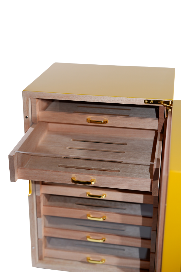 TR8793,Cohiba Sarı-Gri Nokta Desenli 7 Çekmeceli Sedir Humidor Puro Kutusu