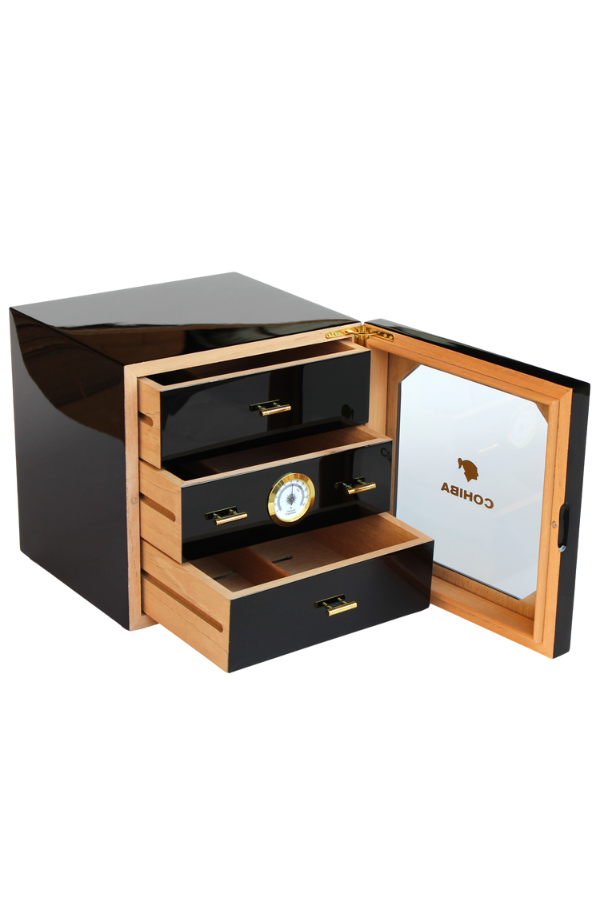 TR6712,Cohiba 3 Çekmeceli Sedir Humidor Puro Kutusu Siyah
