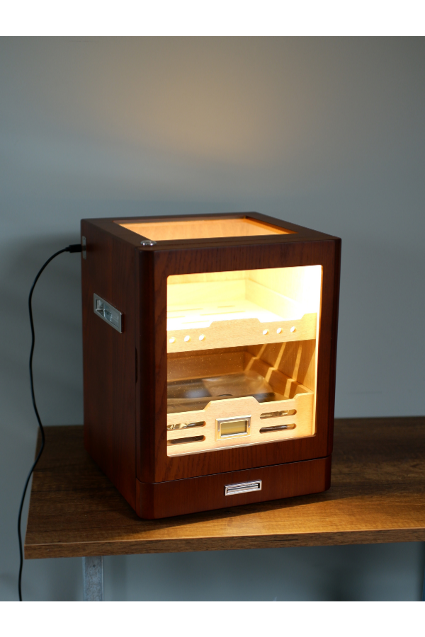 TR9648,PremiumQuality Sucre Aksesuar Çekmeceli İçi Ledli Siyah Sedir Humidor Puro Kutusu
