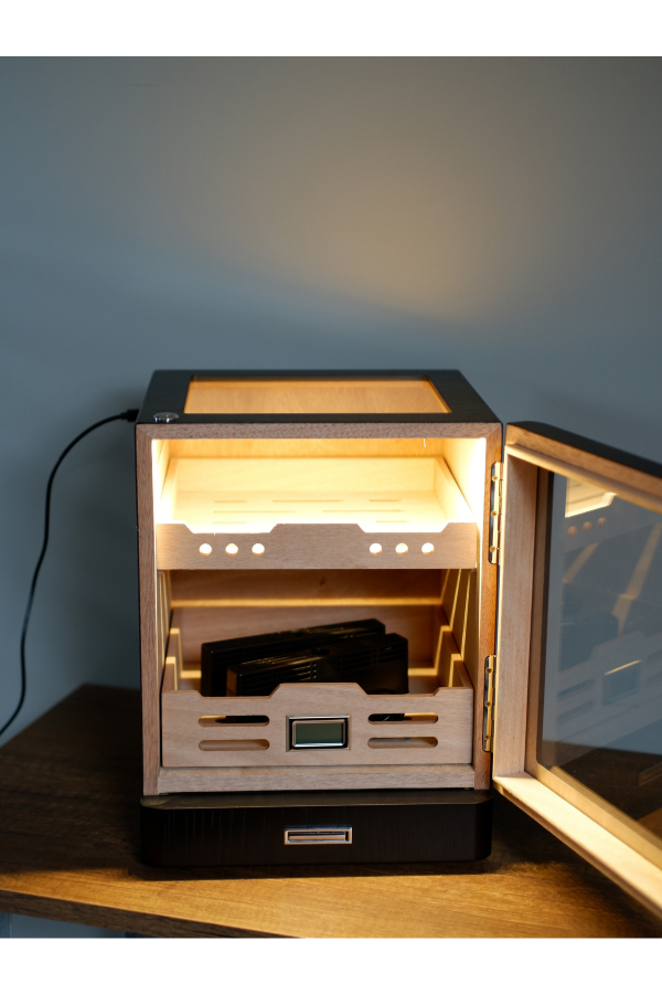 TR9650,PremiumQuality Sucre Aksesuar Çekmeceli İçi Ledli Kahverengi Sedir Humidor Puro Kutusu