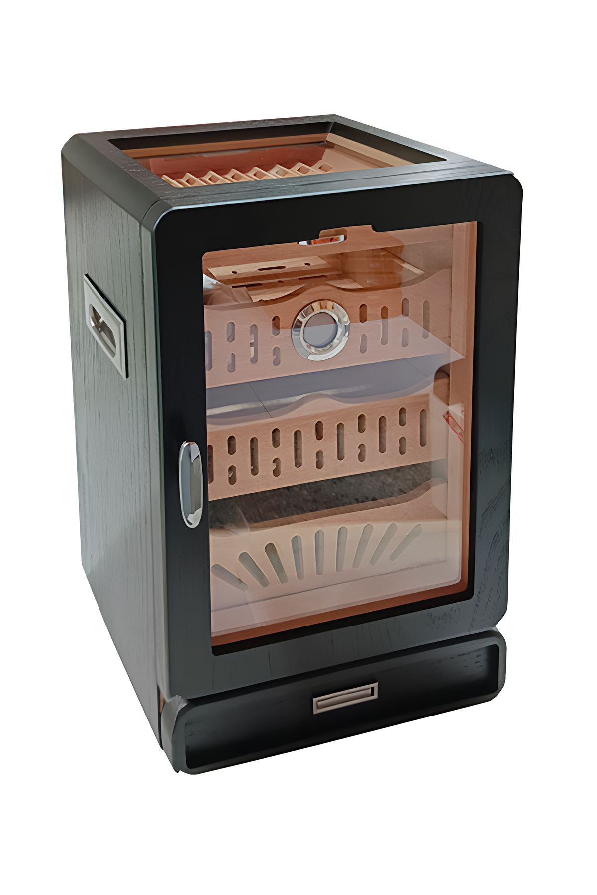 TR8823,PremiumQuality Siyah Aksesuar Çekmeceli Camlı Sedir Humidor Puro Kutusu