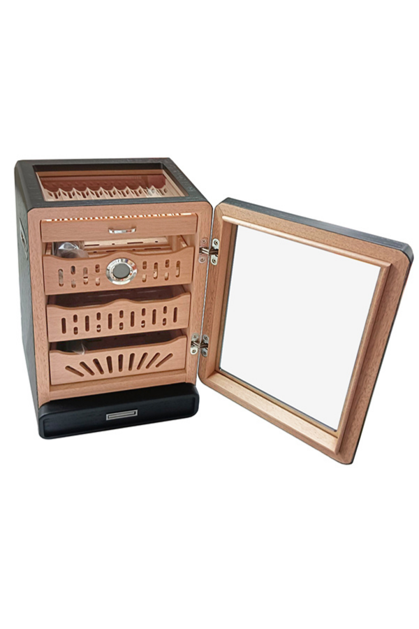 TR8823,PremiumQuality Siyah Aksesuar Çekmeceli Camlı Sedir Humidor Puro Kutusu