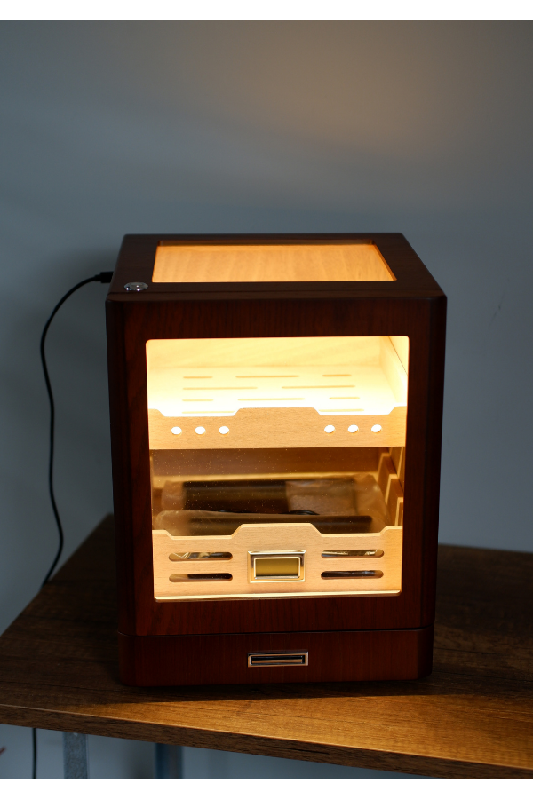 TR9648,PremiumQuality Sucre Aksesuar Çekmeceli İçi Ledli Siyah Sedir Humidor Puro Kutusu