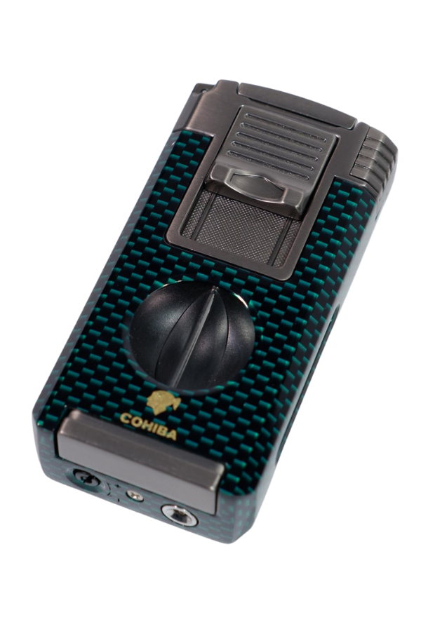 TR9044,Cohiba Çift Torch Pürmüz Yeşil Karbon Desenli Puro Çakmağı