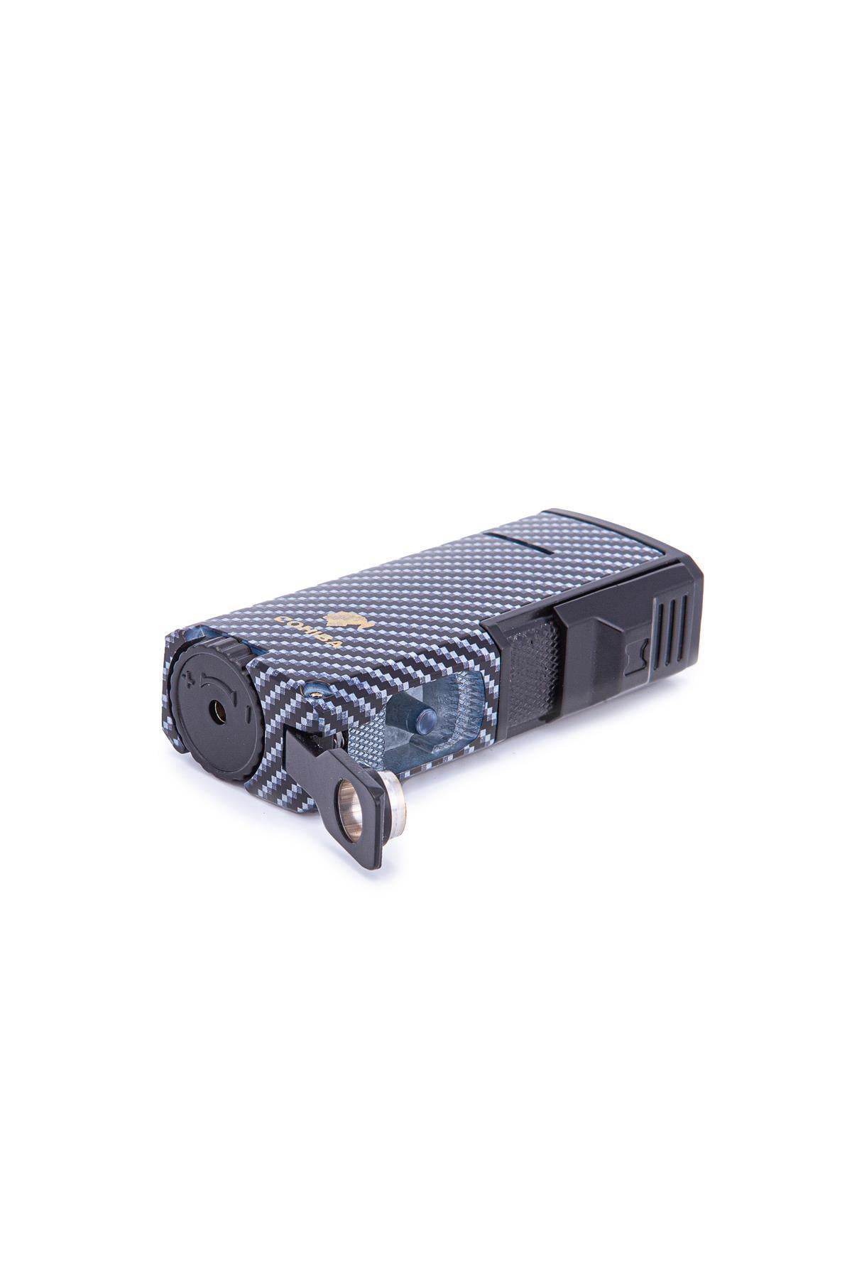TR7237,Cohiba Çift Torch Pürmüz Karbon Desenli Metal Puro Çakmağı
