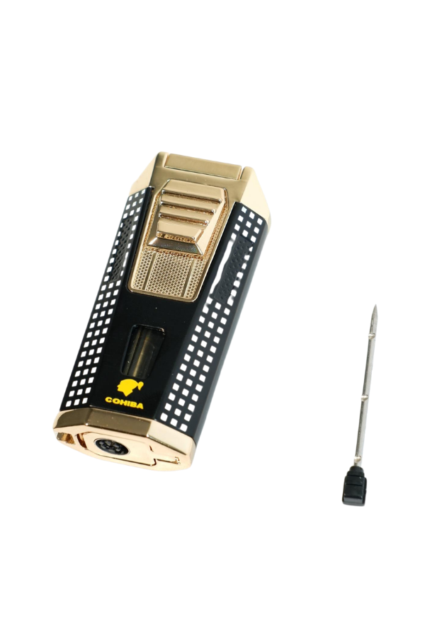 TR9475,Cohiba Çift Torch Pürmüz Delicili Siyah Beyaz Nokta Desenli Metal Puro Çakmağı