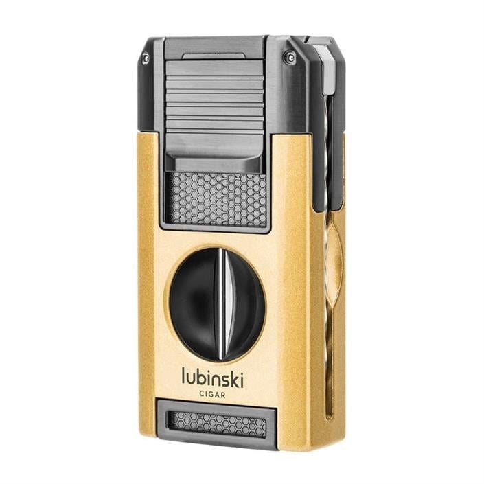 LB-113,Lubinski Premium Çift Torch Puro Çakmağı Dahili V-Cut Kesici - Delici - İğne- Sehpa Gold