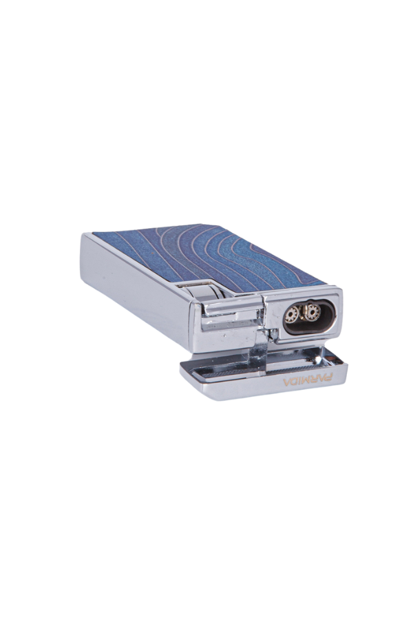 TR7954,Parmida Çift Torch Pürmüz Mavi-Gümüş Ahşap Desenli Metal Puro Çakmağı
