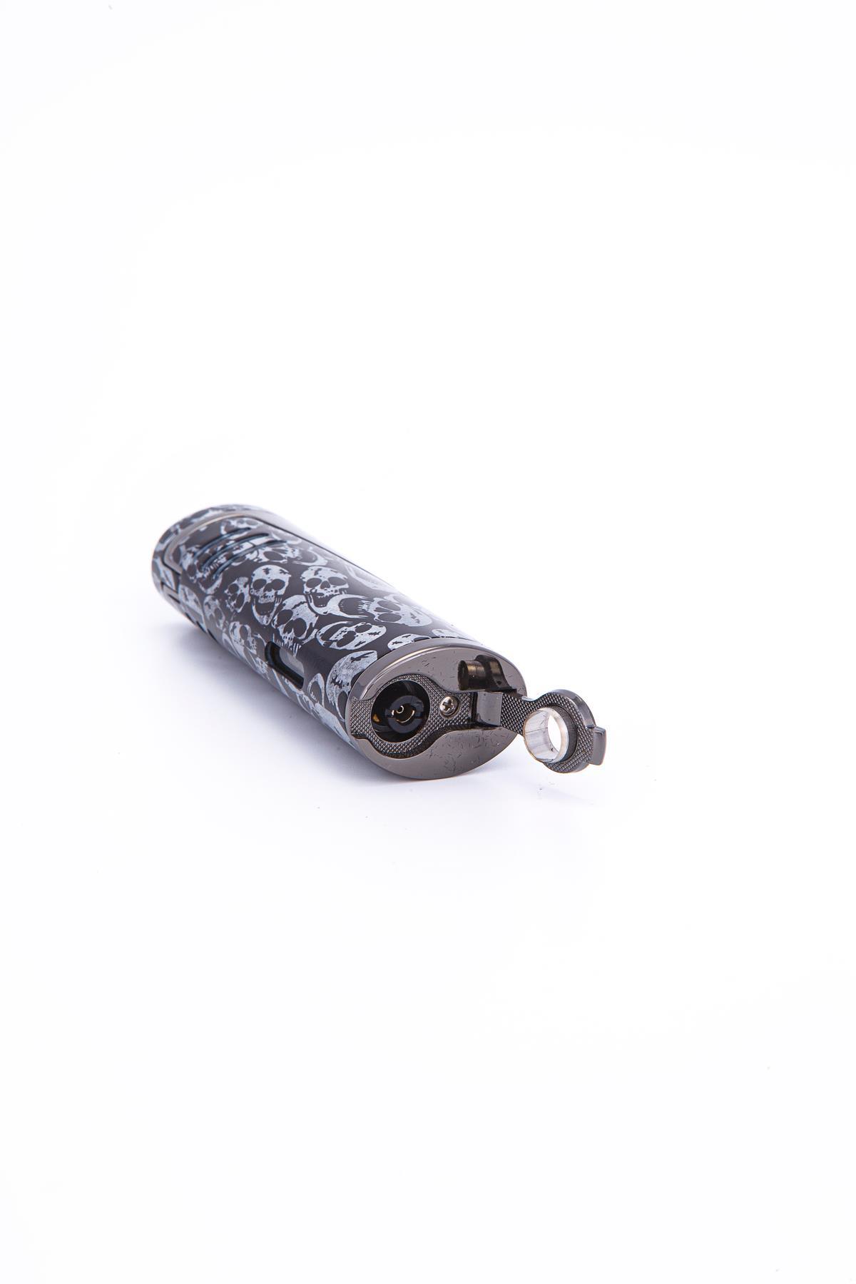 TR7253,Parmida Skull Design Çift Torch Pürmüz Siyah Metal Puro Çakmağı