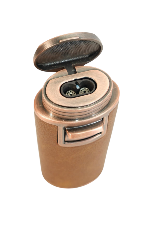 TR9616,Parmida Çift Torch Pürmüz Delicili Gövdesi Deri Bronz Metal Puro Çakmağı
