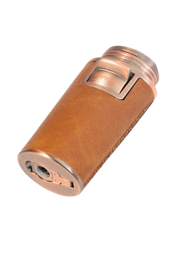 TR9616,Parmida Çift Torch Pürmüz Delicili Gövdesi Deri Bronz Metal Puro Çakmağı