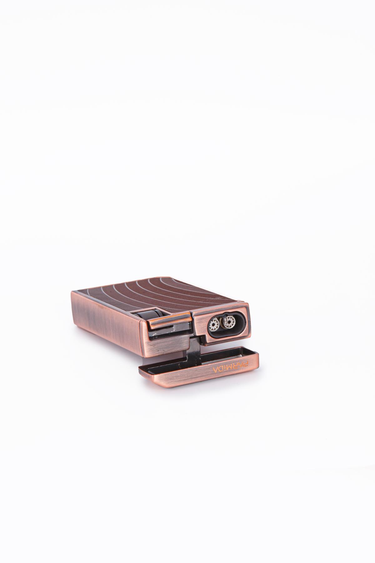 TR7948,Parmida Çift Torch Pürmüz Bronz-Ahşap Desenli Metal Puro Çakmağı