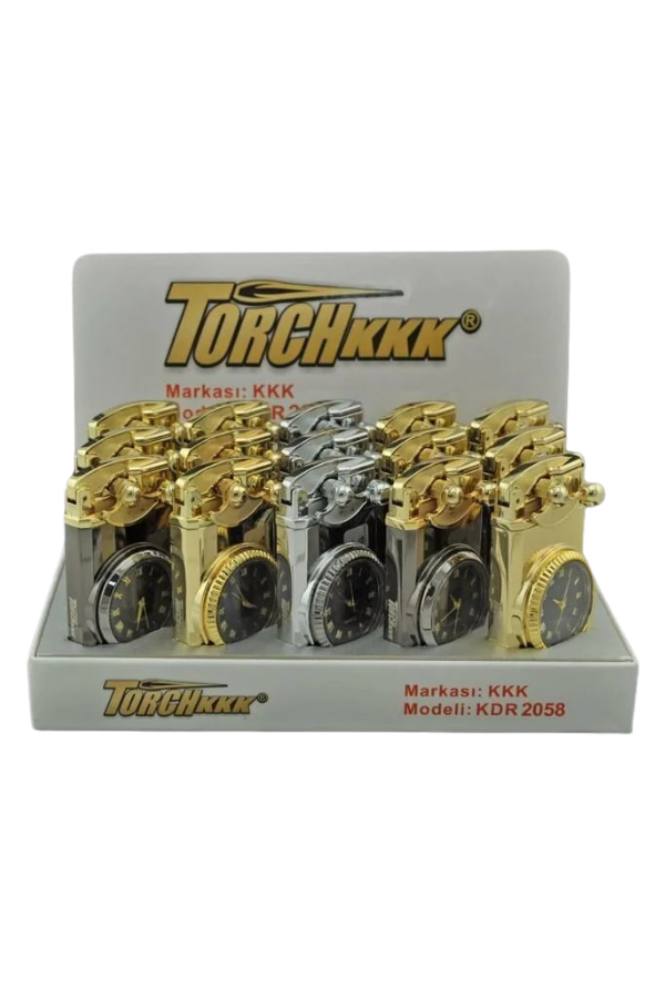 TR8012,PremiumQuality Gümüş-Gold Saat Desenli Çift Torch Pürmüz Metal Puro Çakmağı