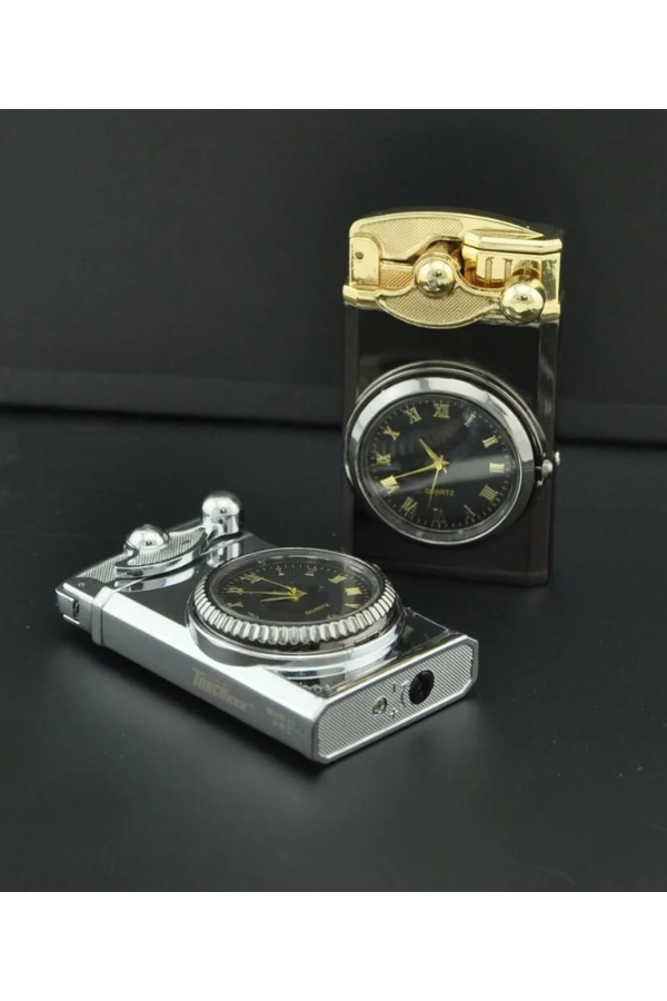 TR8012,PremiumQuality Gümüş-Gold Saat Desenli Çift Torch Pürmüz Metal Puro Çakmağı