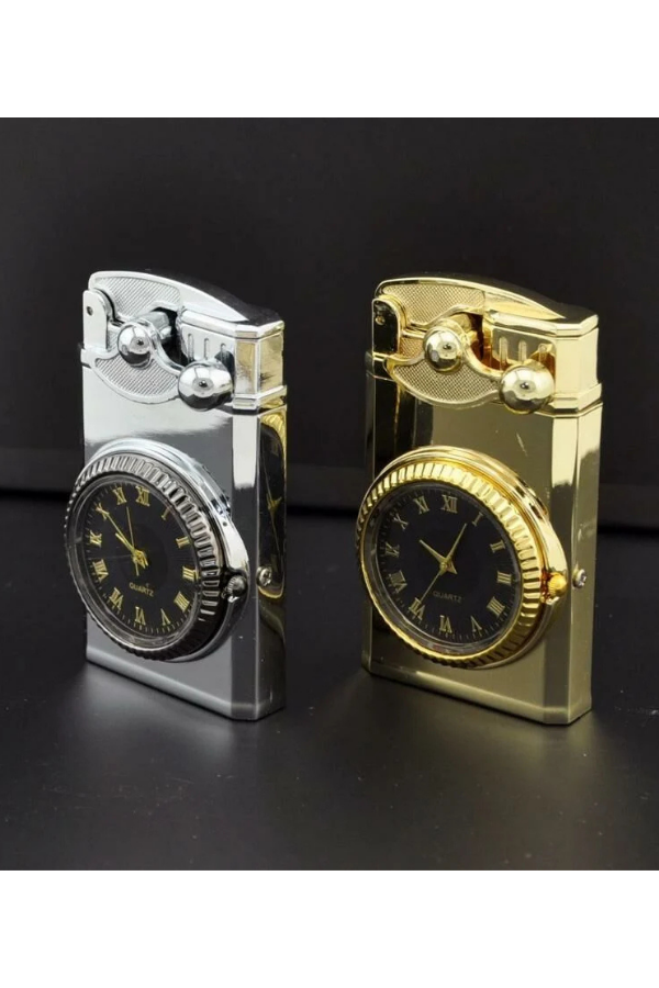 TR8012,PremiumQuality Gümüş-Gold Saat Desenli Çift Torch Pürmüz Metal Puro Çakmağı