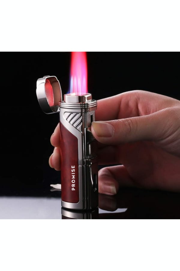 TR8623,Promise 4 Torch Pürmüz Bordo Gümüş Dahili Delicili Metal Puro Çakmağı
