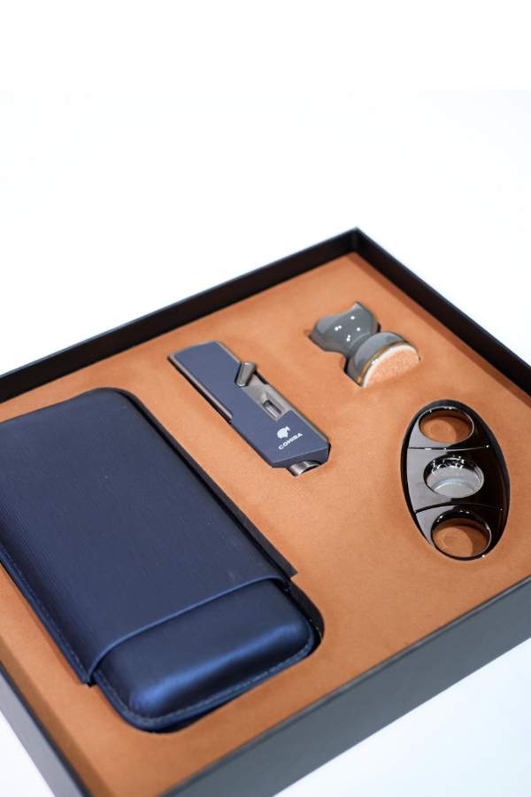 TR8800,Cohiba Çakmak Kesici Kılıf Sehpa Lacivert-Gunmetal Dörtlü Puro Seti