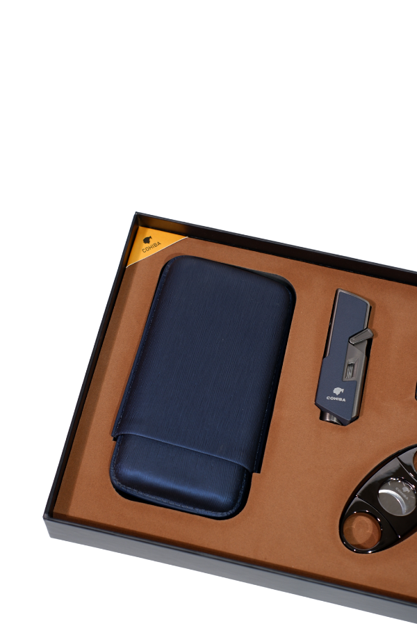 TR8800,Cohiba Çakmak Kesici Kılıf Sehpa Lacivert-Gunmetal Dörtlü Puro Seti