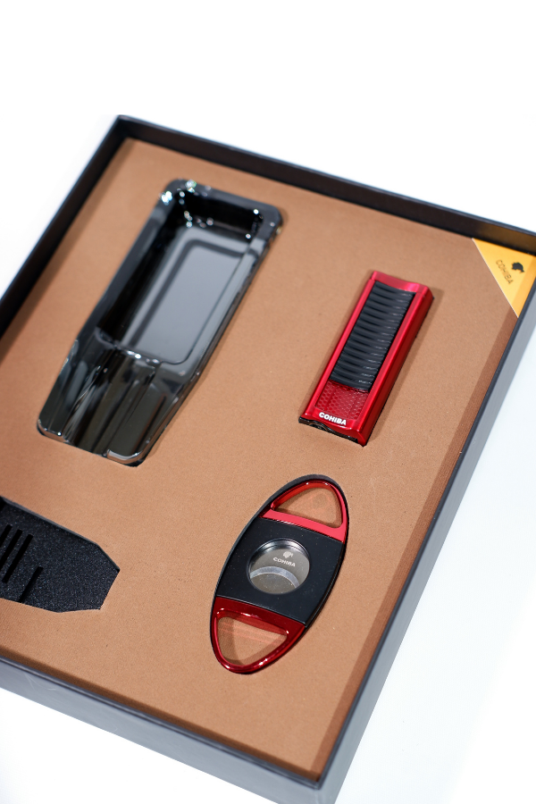 TR8814,Cohiba Çakmak Kesici Küllük Sehpa Siyah-Kırmızı Dörtlü Puro Seti