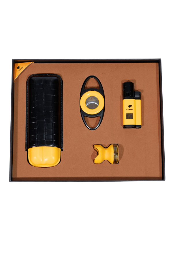 TR8802,Cohiba Çakmak Kesici Kılıf Sehpa Sarı-Siyah Dörtlü Puro Seti