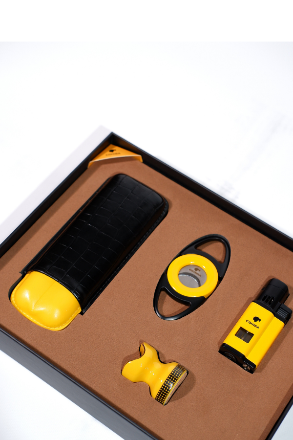 TR8802,Cohiba Çakmak Kesici Kılıf Sehpa Sarı-Siyah Dörtlü Puro Seti