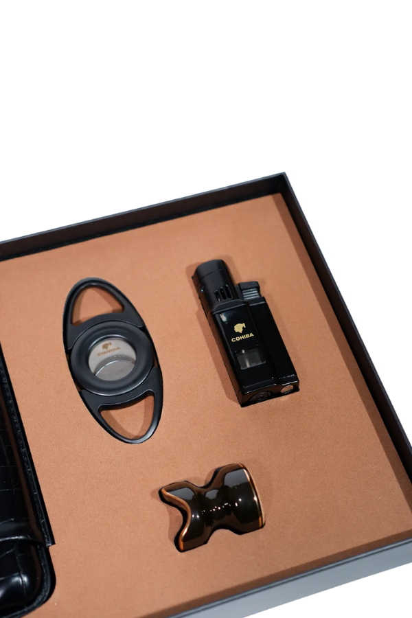 TR8803,Cohiba Çakmak Kesici Kılıf Sehpa Siyah Dörtlü Puro Seti