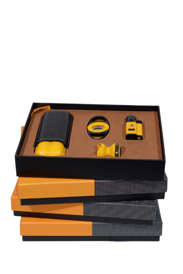 TR8802,Cohiba Çakmak Kesici Kılıf Sehpa Sarı-Siyah Dörtlü Puro Seti