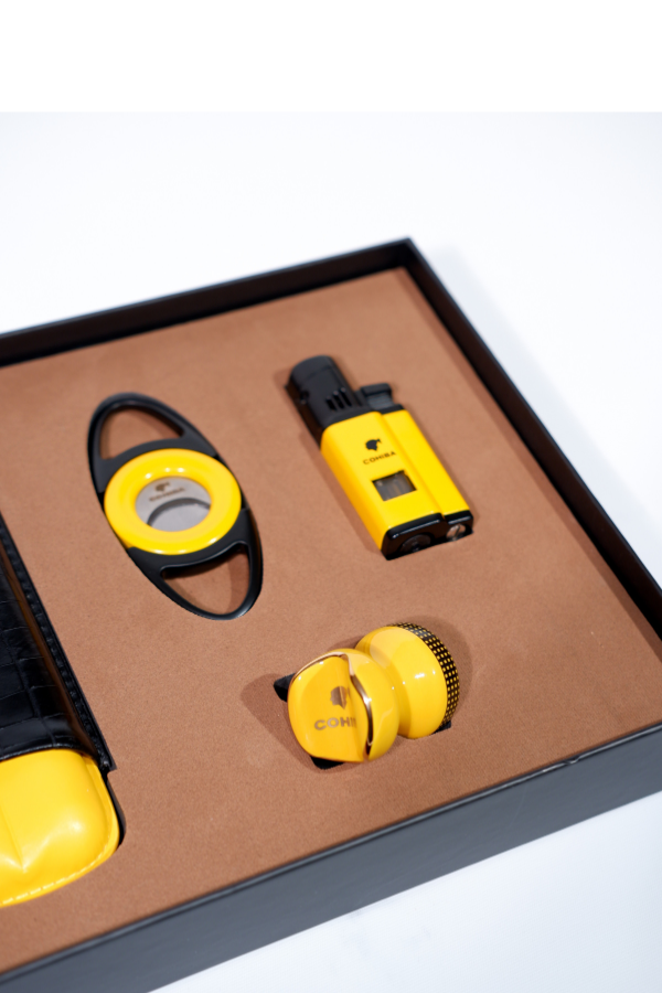 TR8802,Cohiba Çakmak Kesici Kılıf Sehpa Sarı-Siyah Dörtlü Puro Seti